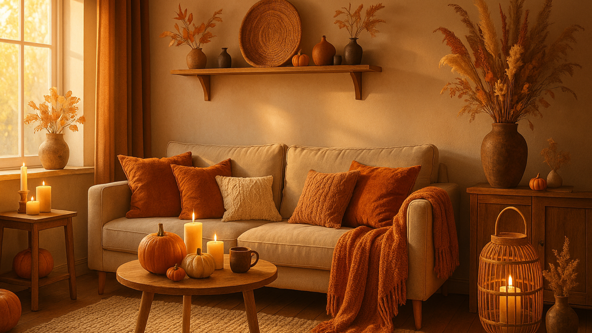 Gemütlich eingerichtetes Wohnzimmer mit herbstlicher Deko, leuchtenden Kerzen, Kürbissen und warmen Orangetönen, ideal als Inspiration für stimmungsvolle Herbstdekoration.
