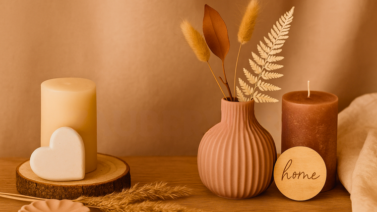 Herbstliche Tischdekoration mit Kerzen, einer dekorativen Vase mit Trockenblumen und Holzdetails in warmen Naturtönen, ideal für ein gemütliches Zuhause.