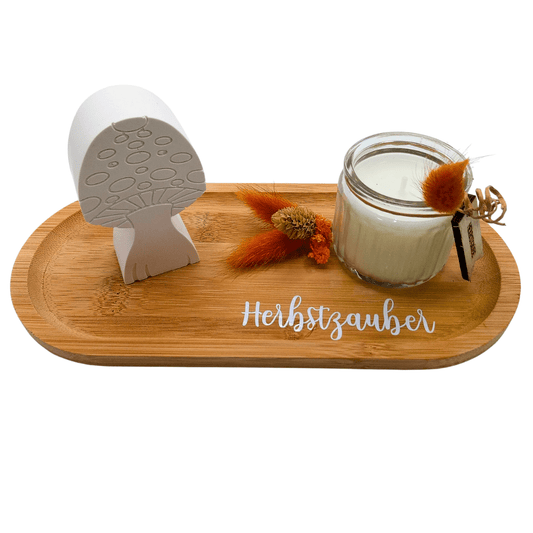 Herbstzauber Deko - Set mit Kerze, Pilzfigur & Bambus - Tablett - Zauberwerk