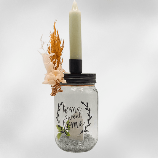 Dekoglas „Home Sweet Home“ mit Kerzenhalter und Trockenblumen – Handmade Deko für Zuhause - Zauberwerk