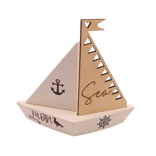 Deko - Segelboot „Moin Sea“ | Maritimes Holzboot mit Segel - Zauberwerk