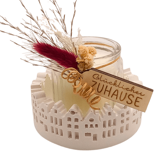 Windlicht „Glückliches Zuhause“ mit Glas, Trockenblumen & Häuschen - Deko - Zauberwerk