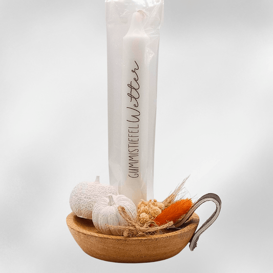 Herbstdeko Kerzenset mit Spruch „Gummistiefel Wetter“ – Holzschale mit Kerze, Mini - Kürbissen & Trockenblumen - Zauberwerk