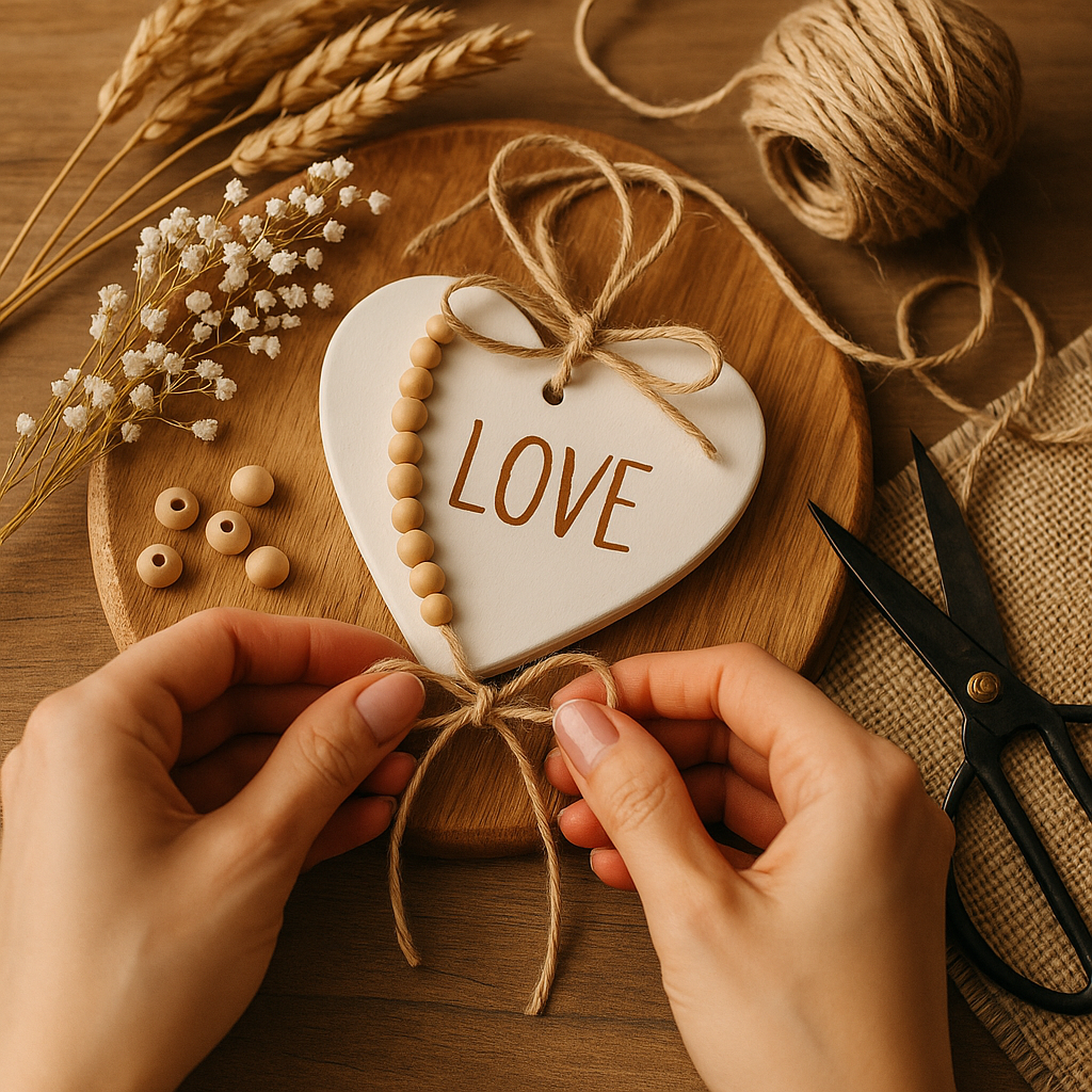 Herz aus Ton mit der Aufschrift LOVE, dekoriert mit Juteschnur und Holzperlen, als liebevolles DIY-Geschenk oder Mitbringsel.