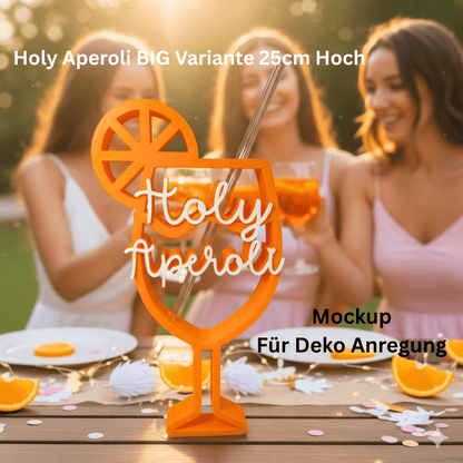 Großer „Holy Aperoli“ Strohhalmhalter aus orangefarbenem PLA, 3D-gedruckt, mit weißer Schrift und Glasstrohhalm – Sommer- und JGA-Deko von Zauberwerk.
