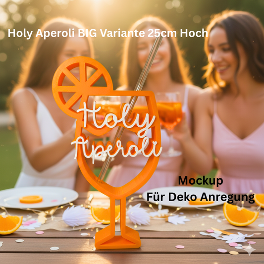Großer „Holy Aperoli“ Strohhalmhalter aus orangefarbenem PLA, 3D-gedruckt, mit weißer Schrift und Glasstrohhalm – Sommer- und JGA-Deko von Zauberwerk.