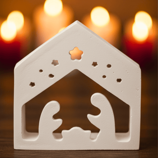 Mini Krippe – Handgefertigte Weihnachtsdeko, moderne Krippenszene in Weiß, stilvolles Windlicht - Dekoelement - Zauberwerk