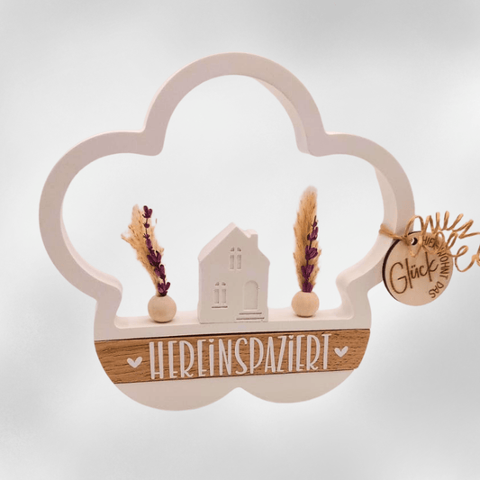 Deko - Aufsteller „Hereinspaziert“ – Handgefertigte Willkommensdeko mit Trockenblumen & Holzdetails - Zauberwerk