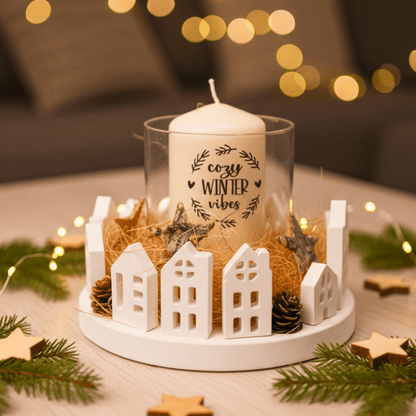 Winterlichterdorf „Cozy Winter Vibes“ – Windlicht mit Häuschen und Kerze - Zauberwerk