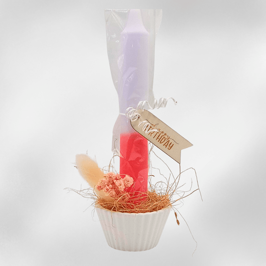 Kerzenarrangement „Happy Birthday“ – Handgemachtes Geschenk mit Trockenblumen & Keraflott - Vase - Zauberwerk