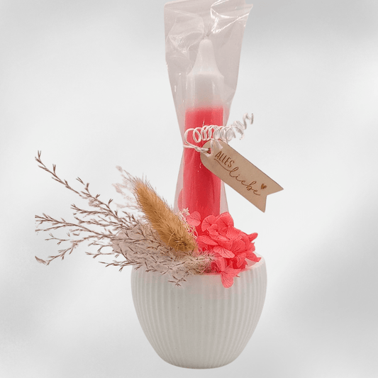 Kerzenarrangement „Alles Liebe“ – Geschenkidee mit Trockenblumen in Keraflott - Vase - Zauberwerk