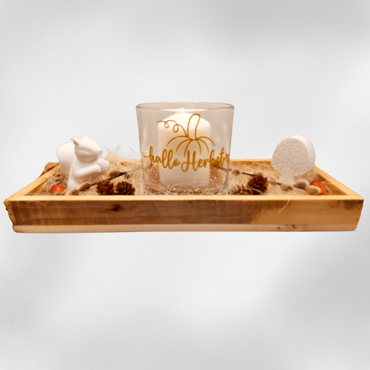 Herbstliches Deko - Set mit LED - Lichterkette – Holztablett, Glas & Kerze - Zauberwerk