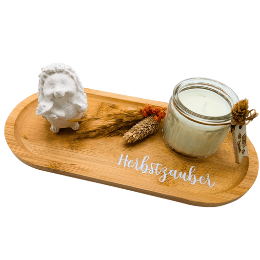 Deko - Tablett Herbstzauber mit Kerze und Igel – herbstliche Unikat - Deko - Zauberwerk