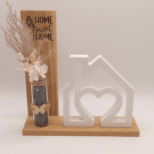 Home Sweet Home Holzdeko mit Keramikhaus und Trockenblumen - Zauberwerk