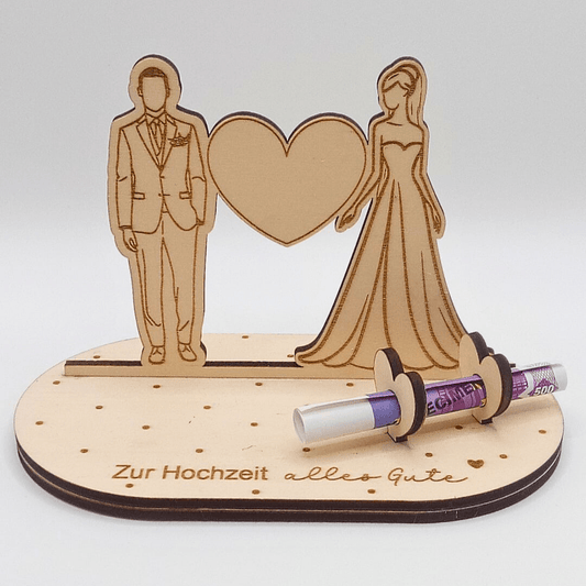 Hochzeitsfigur aus Holz – Brautpaar mit Herz & Geldfach - Zauberwerk