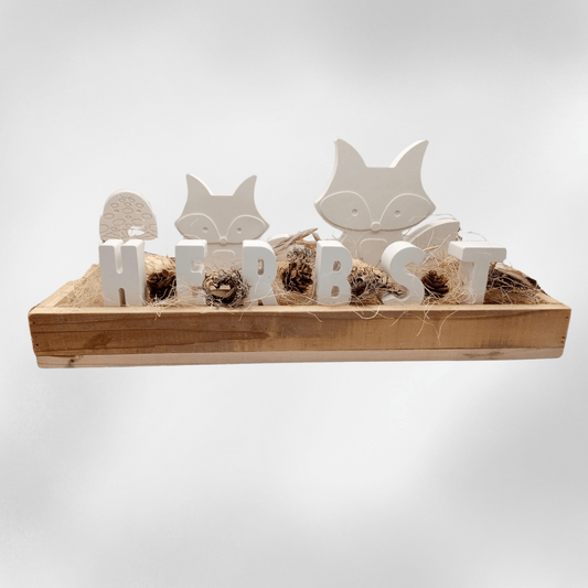 Holztablett HERBST mit Füchsen, Zapfen & Naturmaterialien - Zauberwerk