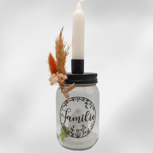 Dekoglas „Familie“ mit Kerzenhalter und Trockenblumen – liebevolle Handmade - Deko für Zuhause - Zauberwerk