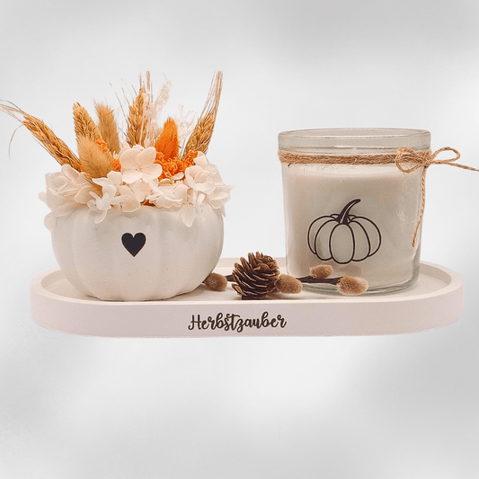 Keramik - Set Herbstzauber mit Kürbis, Kerze und Trockenblumen - Zauberwerk