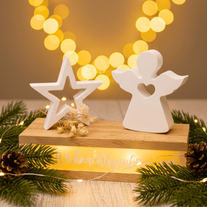 Leuchtdeko Weihnachtszauber mit Schutzengel und Stern | Handgemachte Weihnachtsdeko aus Holz und Keraflott - Zauberwerk