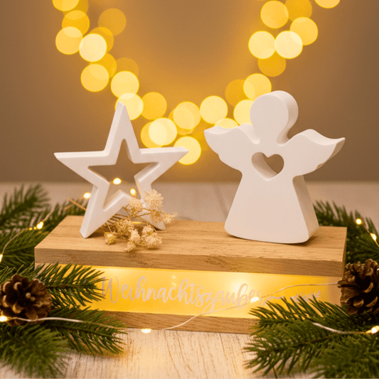 Leuchtdeko Weihnachtszauber mit Schutzengel und Stern | Handgemachte Weihnachtsdeko aus Holz und Keraflott - Zauberwerk