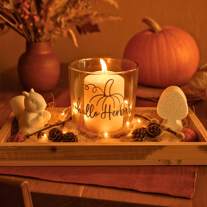 Herbstliches Deko - Set mit LED - Lichterkette – Holztablett, Glas & Kerze - Zauberwerk