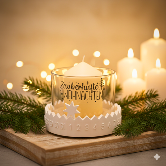 Nahaufnahme des Keraflott-Sockels mit eingravierten Adventszahlen und Glas-Kerze – liebevolle Weihnachtsdeko von Zauberwerk.