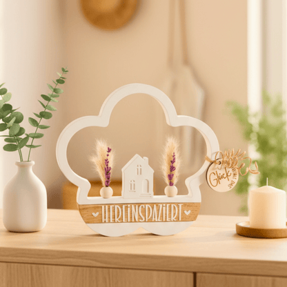 Deko - Aufsteller „Hereinspaziert“ – Handgefertigte Willkommensdeko mit Trockenblumen & Holzdetails - Zauberwerk