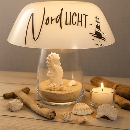 Nordlicht Tischlampe mit Seepferdchen und Muscheln – Handgegossen aus Glas und Keramik - Zauberwerk