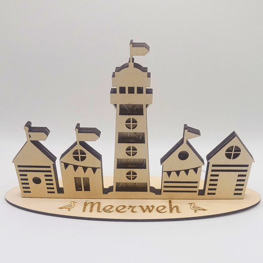 Meerweh – Maritimes Deko - Set mit Leuchtturm und Strandhäusern - Zauberwerk