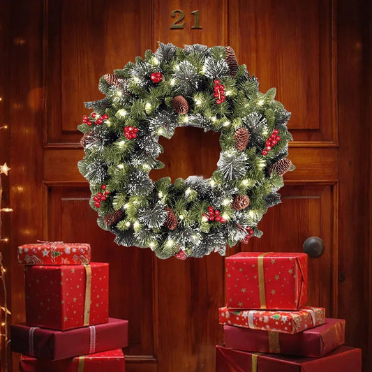 Weihnachtskranz mit LED Beleuchtung – Künstlicher Deko - Kranz mit Beeren & Tannennadeln - Zauberwerk