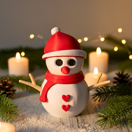 Schneemann aus 3D-Druck als nachhaltige Winterdeko in gemütlicher Wohnzimmerszene – handgemacht von Zauberwerk