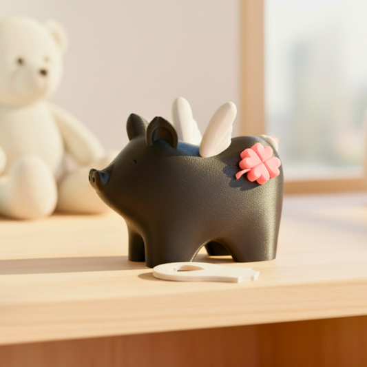 Schwarzes Sparschwein „Mathilde“ mit weißen Flügeln und rosa Kleeblatt – handgemachte Deko aus 3D-Druck, gefertigt bei Zauberwerk in Haiger.