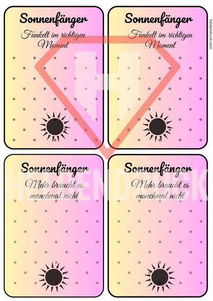 PDF - Vorlage „Sonnenfänger - Momente“ – 4 Mini - Kärtchen zum Ausdrucken – für DIY, Märkte & Geschenksets - Zauberwerk