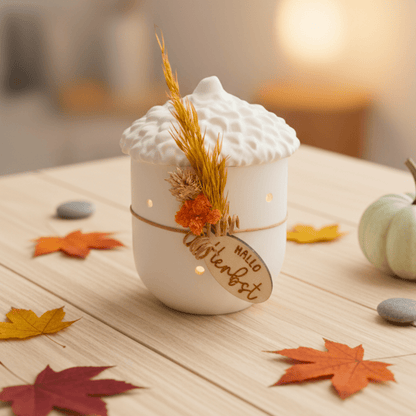 Keramik - Eichel mit Trockenblumen „Hallo Herbst“ – weiße Herbstdeko mit Lichtpunkten - Zauberwerk