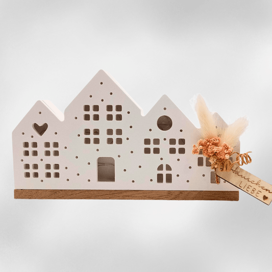 Lichthaus mit LED & Trockenblumen – 19 cm, Weiß - Zauberwerk