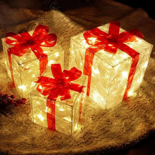 Weihnachtsdeko Geschenkbox mit LED Beleuchtung – Leuchtende Deko - Geschenkbox mit Schleife für Weihnachten & Winter - Zauberwerk