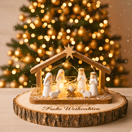 Handgemachte Weihnachtskrippe aus Keraflott – Mini Krippenszene mit LED - Licht auf Baumscheibe - Zauberwerk