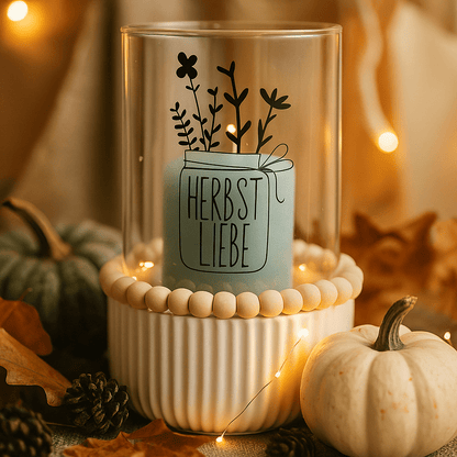 Windlicht Herbstliebe – Glasdeko mit Kerze und Holzperlen - Zauberwerk