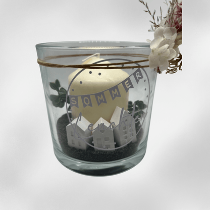 Windlicht Sommerleuchten mit Häuschen – Glasdeko mit Kerze und Sand - Zauberwerk