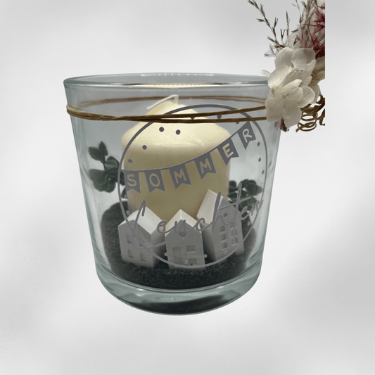 Windlicht Sommerleuchten mit Häuschen – Glasdeko mit Kerze und Sand - Zauberwerk