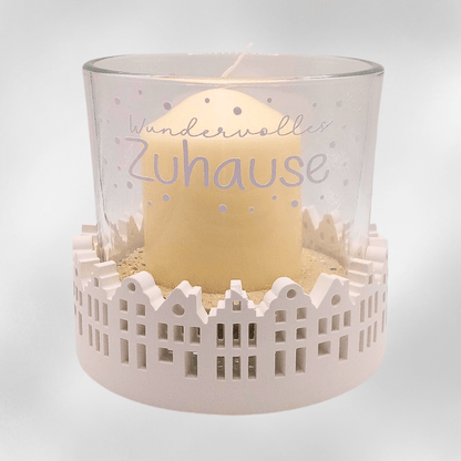 Windlicht „Wundervolles Zuhause“ mit Stadthaus - Motiv – Handmade Deko & Geschenkidee - Zauberwerk