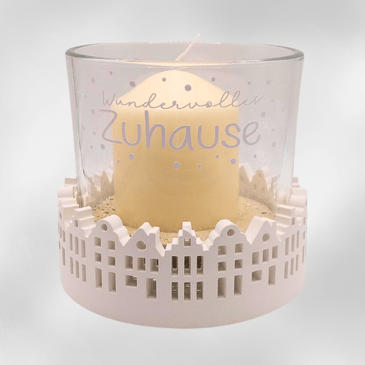 Windlicht „Wundervolles Zuhause“ mit Stadthaus - Motiv – Handmade Deko & Geschenkidee - Zauberwerk