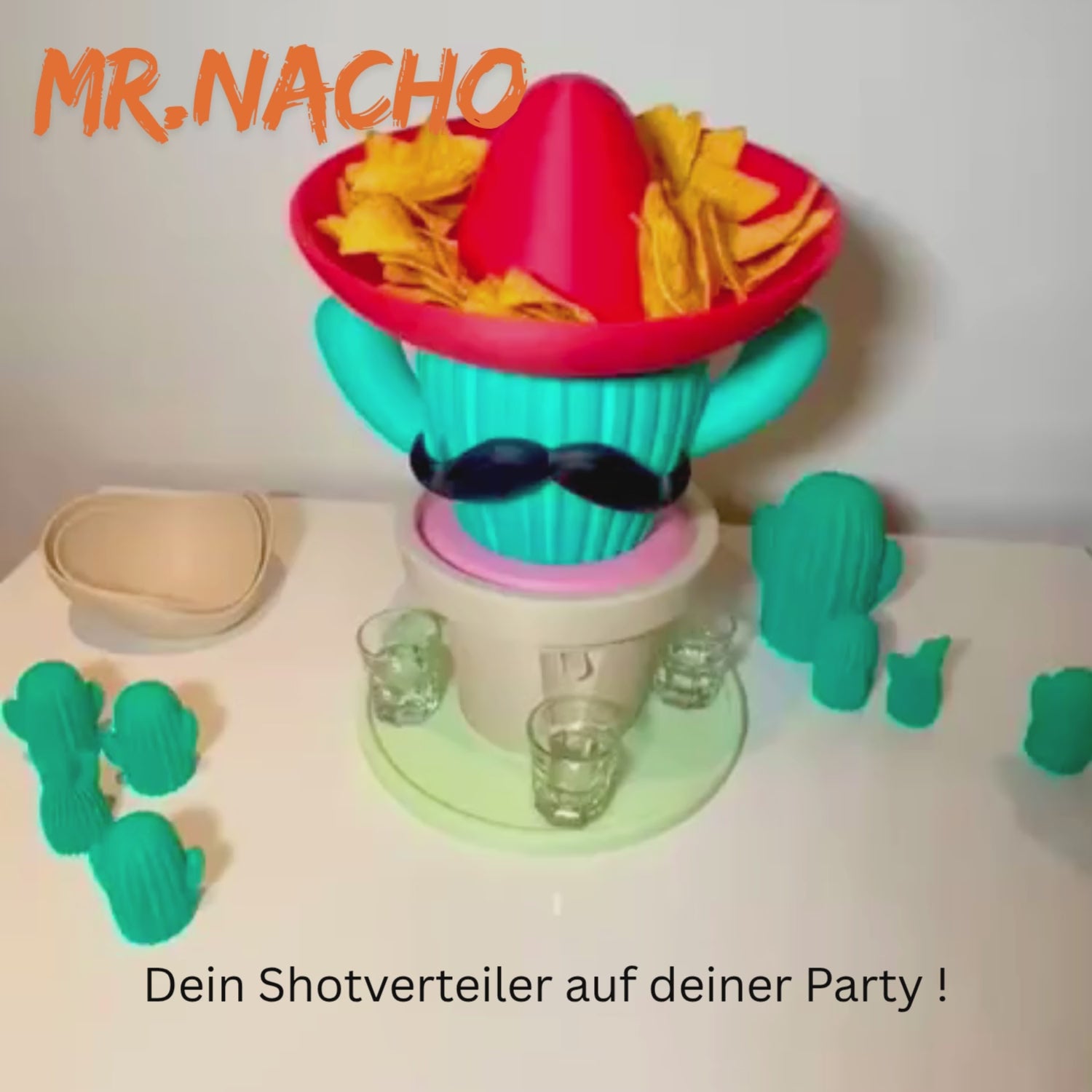 Mr. Nacho Party-Kaktus mit Sombrero-Schale für Nachos und integriertem 4-fach Shot-Ausschank, inklusive Gläser – Party-Deko, nicht lebensmittelecht, nicht spülmaschinengeeignet.